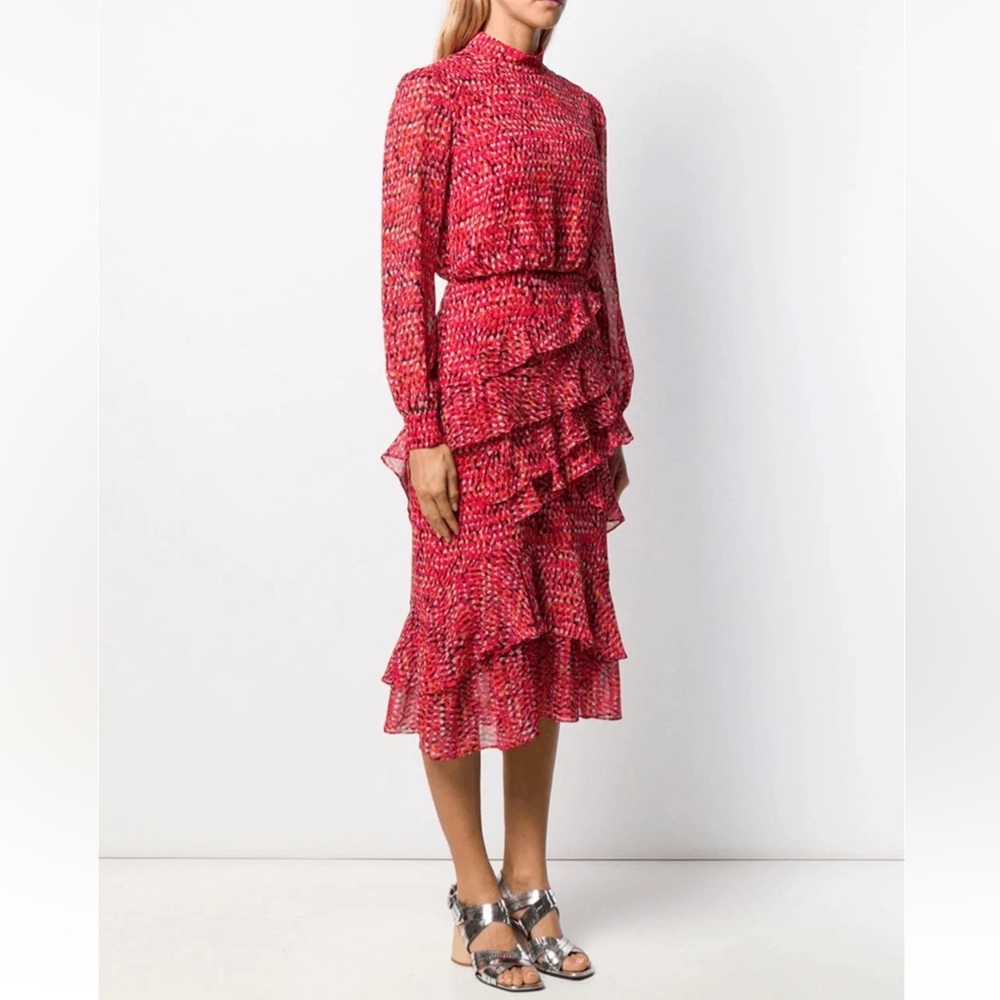 SALONI Isa Ruffle Silk Midi Dress in Harati Rouge Size 6 Like New